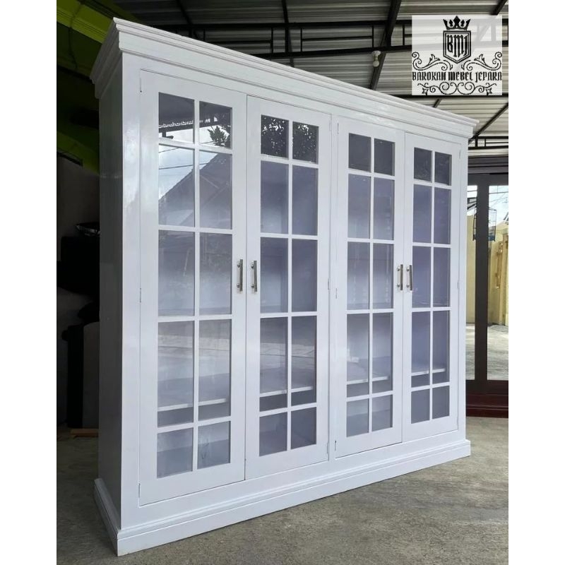 lemari penyimpanan jati finishing warna putih 4 pintu minimalis mewah