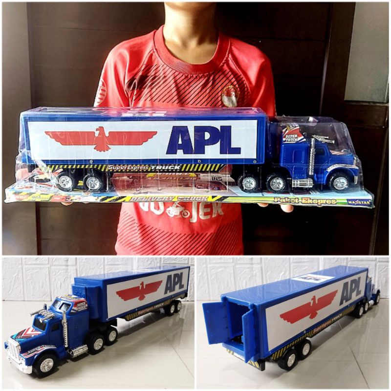 Mainan Truk Kontainer Peti Kemas Biru Edukasi Jalan tanpa Baterai - Truck Container Kurir Ekspedisi 