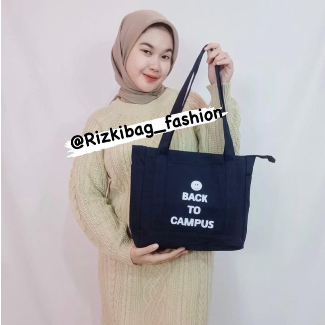 Totebag Wanita Kanvas Aesthestic Resleting Back To Campus Kuliah