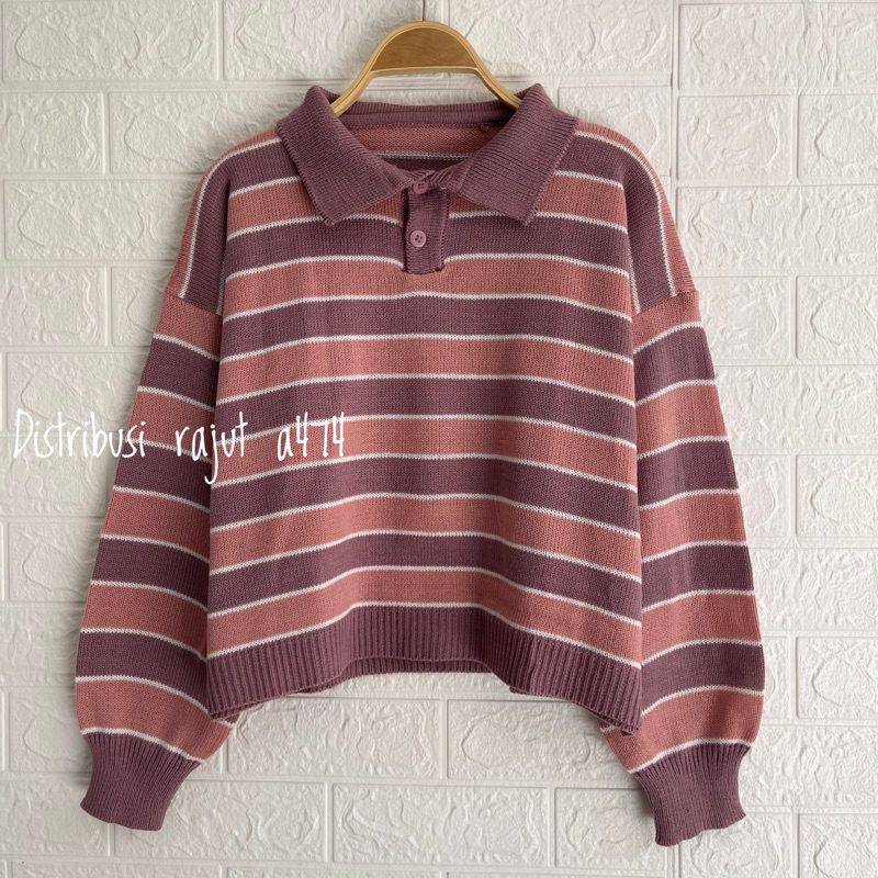 PEPONI Sweater Rajut Oversize Kerah Polo Kancing Stripe Premium Korean