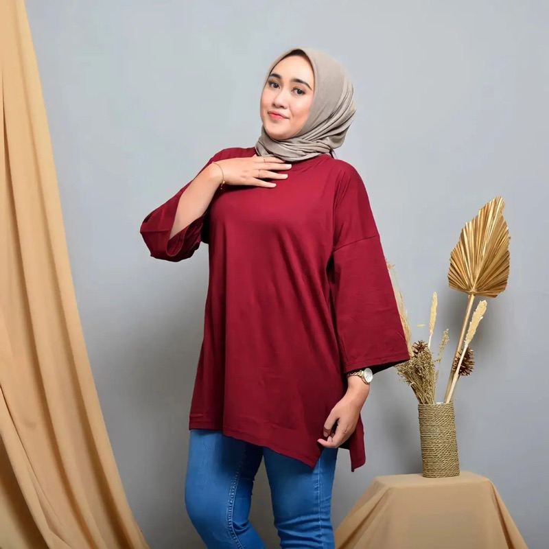 KAOS POLOS OVERSIZE WANITA LENGAN 7/8 TUNIK BASIC OVERSIZED TOP HIJAB FRIENDLY