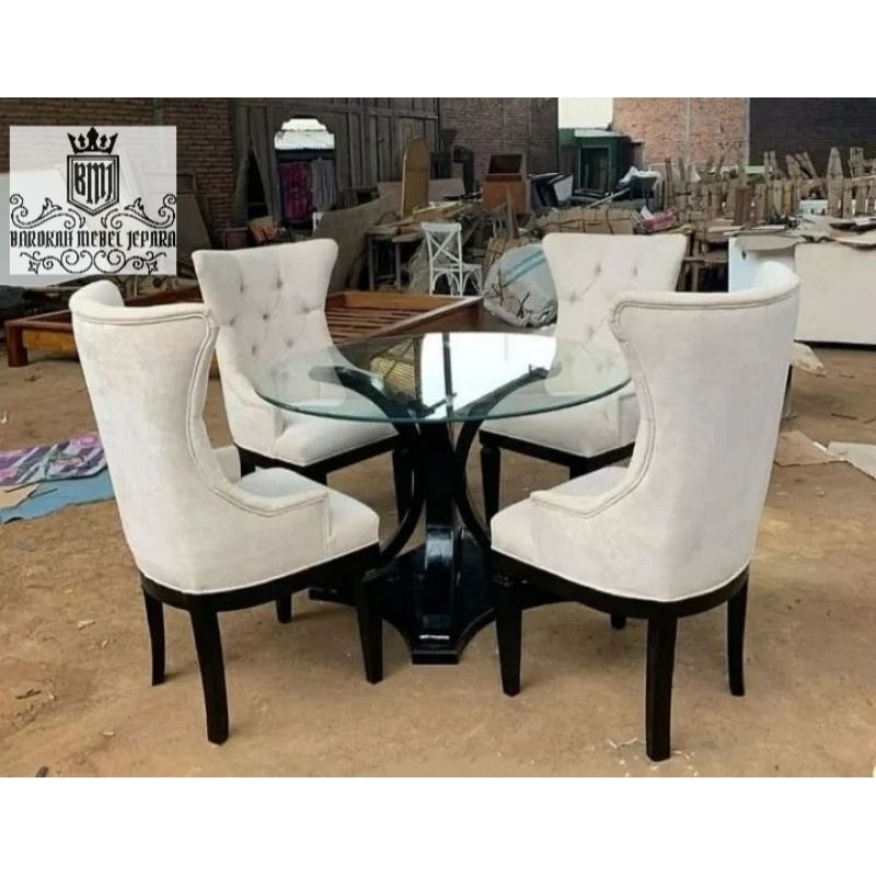 meja makan mewah 4 kursi meja bulat kaca tebal