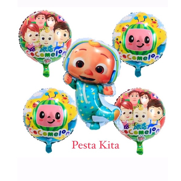 SET ISI 5 FOIL COCOMELON BOY/GIRL (4 BULAT + 1 JUMBO) / BALON FOIL SET DEKORASI ULTAH