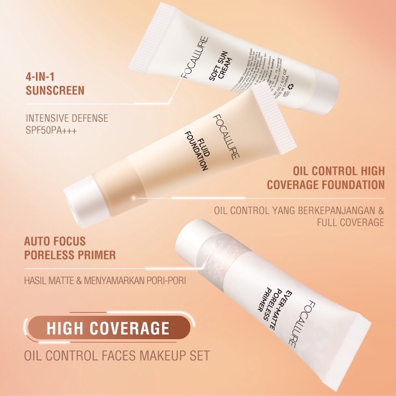 NIK - FOCALLURE 3pcs Face Beauty Set Include Foundation Sunscreen Sun Cream Primer Oil Control Travel Size Flawless Facial Makeup Kit Waterproof FA30 BPOM ORIGINAL