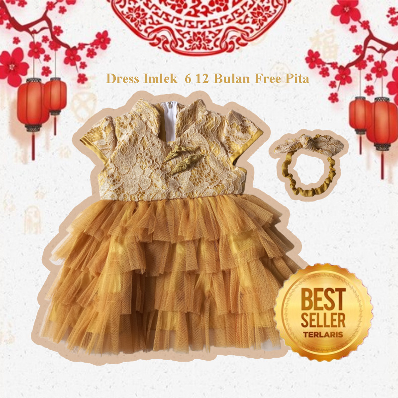 Dress Imlek 2023 Terbaru Anak 1 Tahun Gaun Cheongsam Bayi 6 12 Bulan Warna Gold Merah Baju Bayi Gold KA121