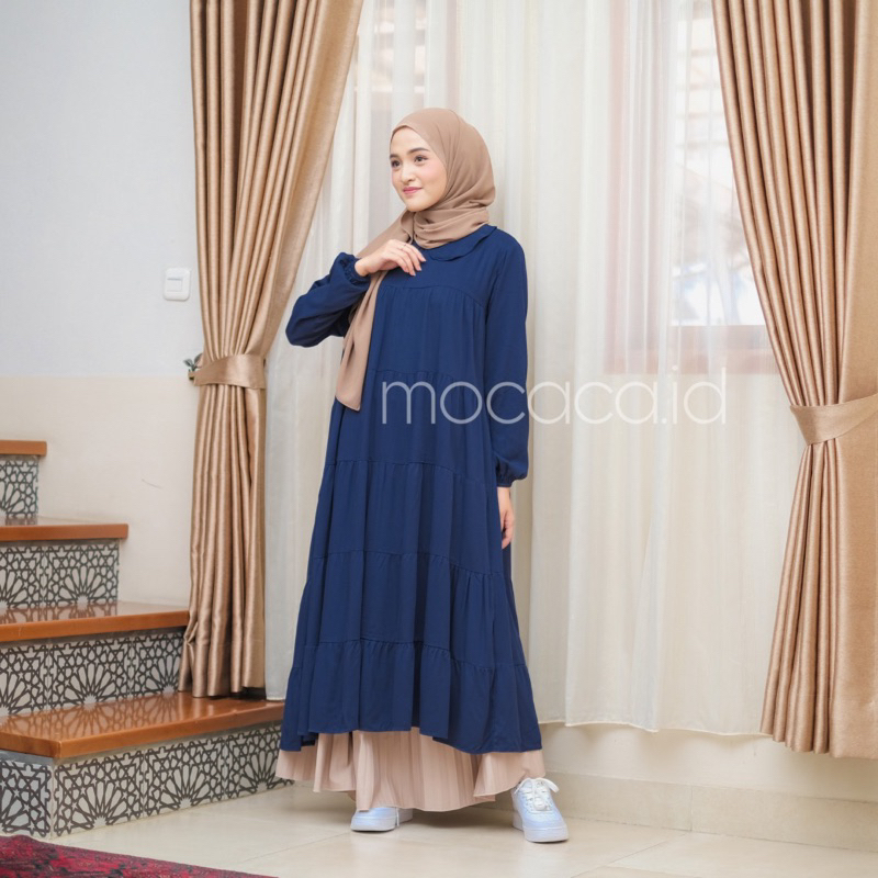 Midi Dress 5 Susun Busui Kerah Collar - navy