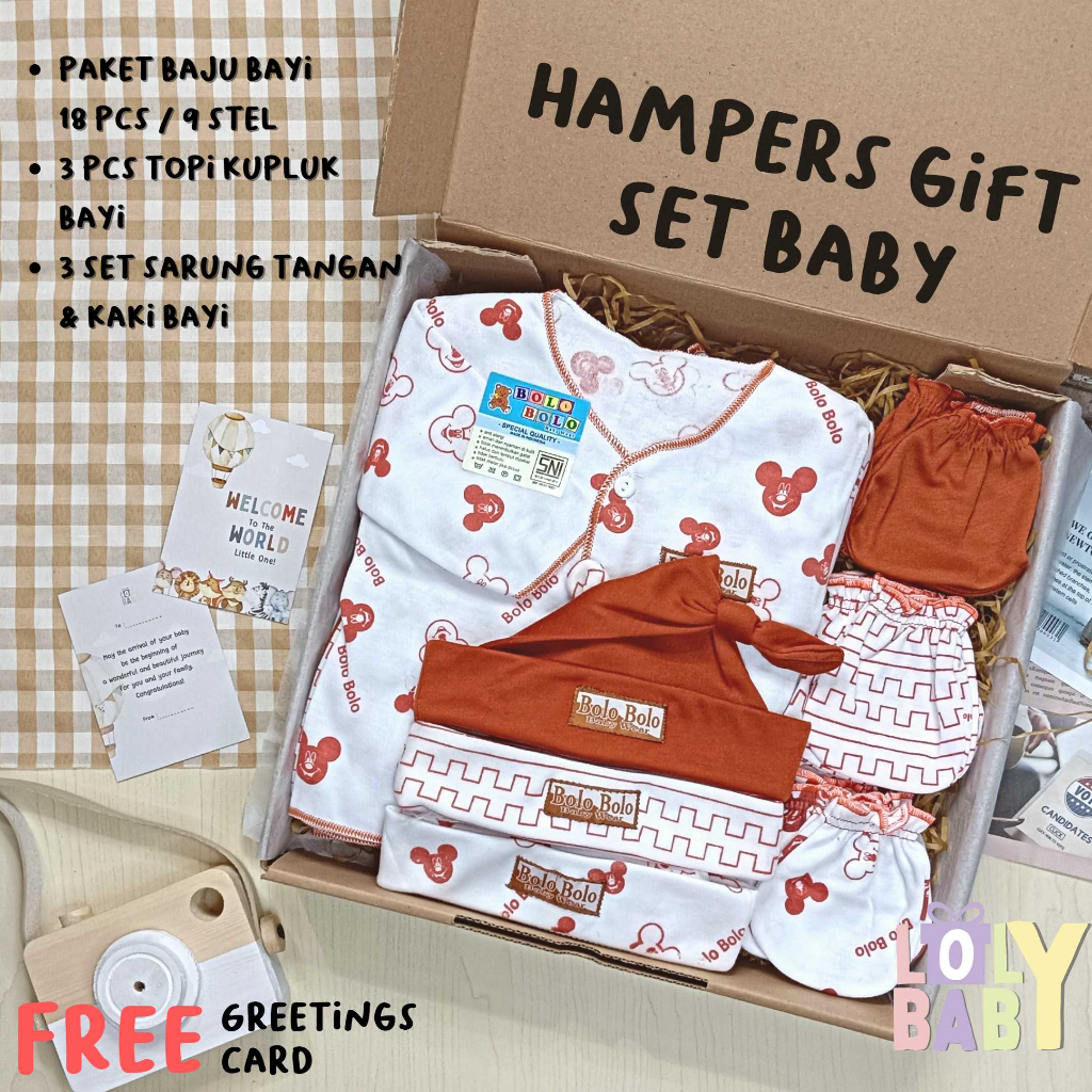 Hampers Baby Gift Set ( 30 cm ) 18 Pcs Baju Bayi Baru Lahir 3 Pcs Topi Kupluk 3 Set Sarung Tangan dan Kaki LOLY BABY