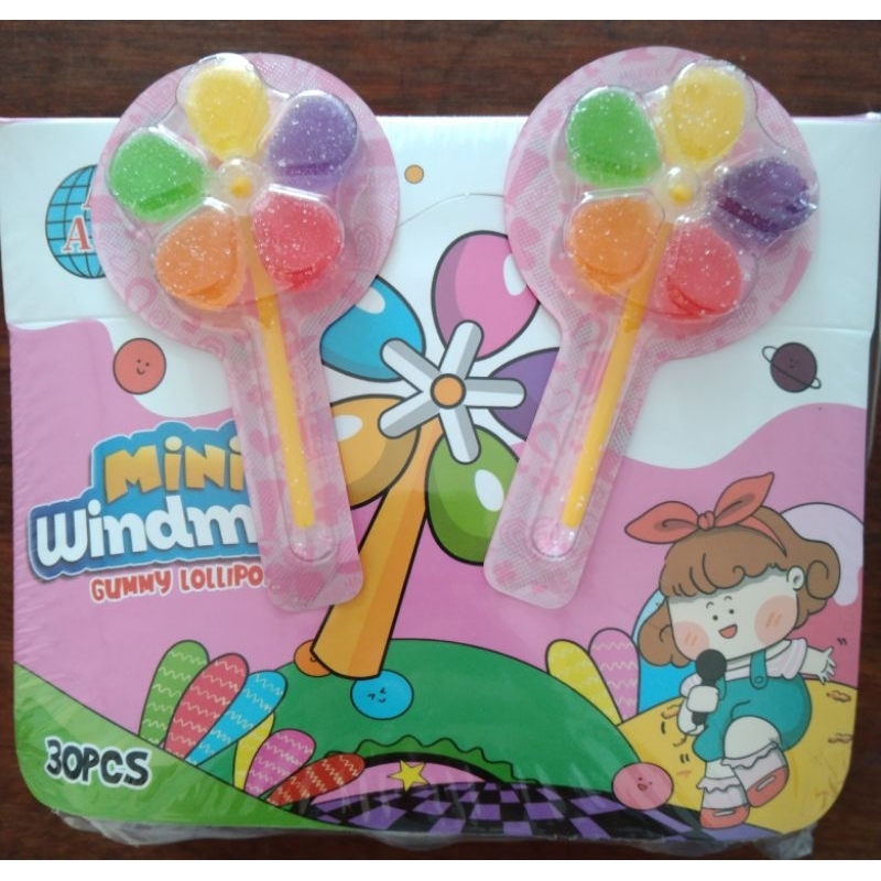 

permen gummy lollipop Mini windmill bentuk kipas aneka rasa buah.