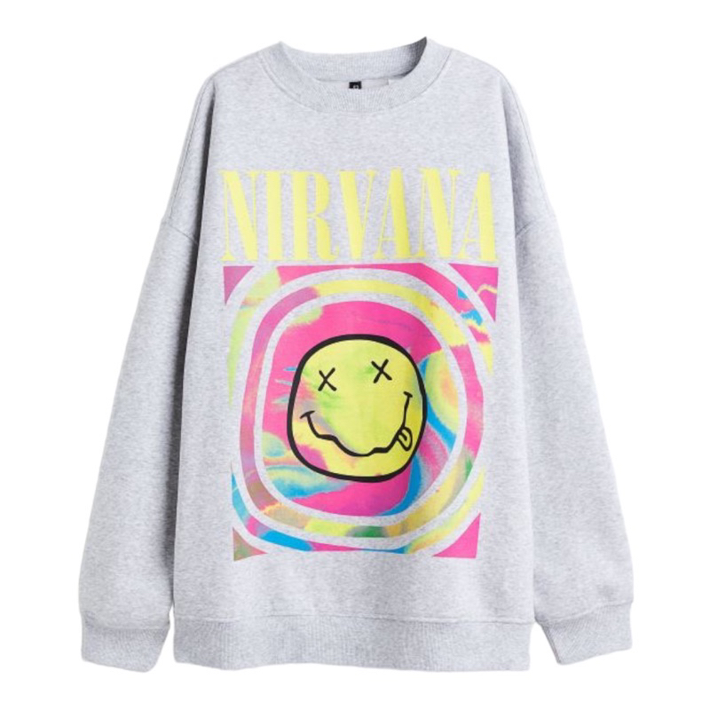 ( 8.8 ) Crewneck Sweatshirt H&amp;M Unisex Sablon Nirvana Grey Abu, Flecee Katun Lembut Tebal, Free Papperbag