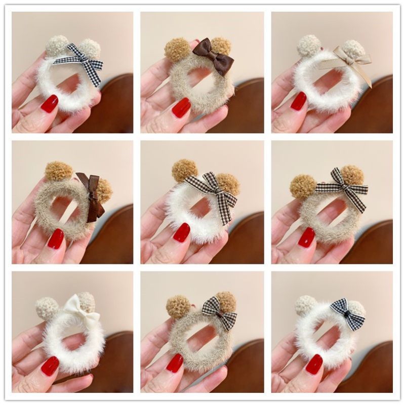 Ikat Rambut Anak Korea Model Pompom Bulu Lembut Aksen Pita / Kuncir Rambut Ponytail Anak Korean Faux Fur Hair Ties