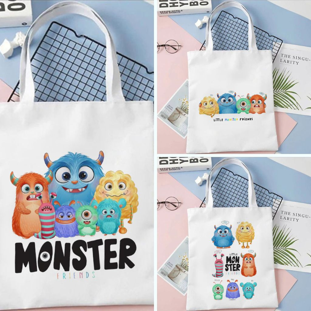 Tote Bag Totebag Motif Monster Lucu Aesthetic Kanvas Korea Wanita Goodie Bag Ulang Tahun Anak Cewek Cowok Tas Buku Sekolah