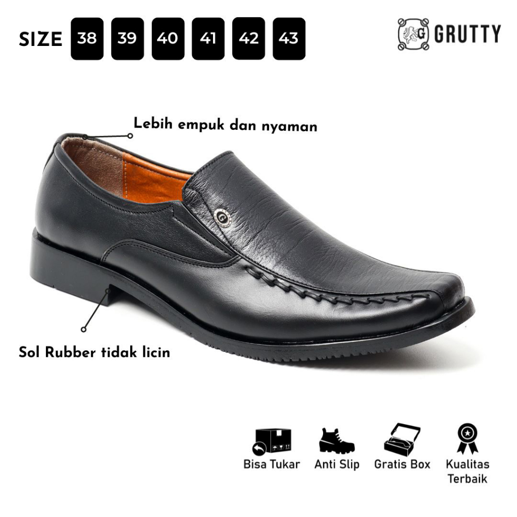 Sepatu Pria Formal Pantofel Kerja Dinas Kantor Model slip on hitam kulit asli original GRUTTY DC002