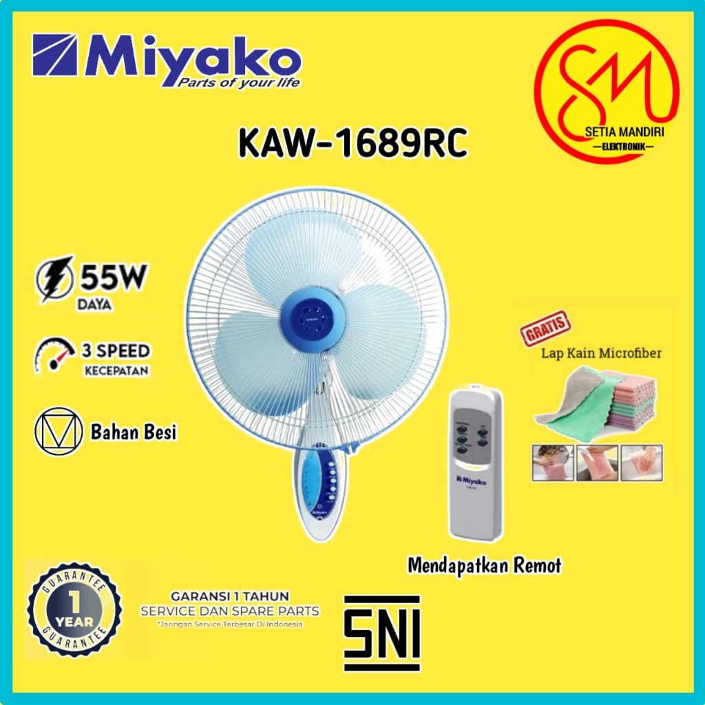 Miyako KAW-1689 RC Kipas Angin Dinding 16 Inci dengan Remote - Biru