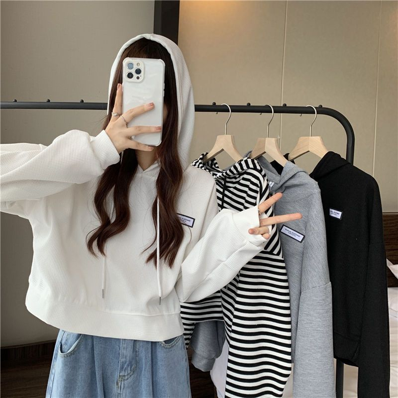 Atasan Hoodie Crop WAFFLE Sweater Oversize Basic Polos Knitt wanita | Atasan Big Size IMPORT