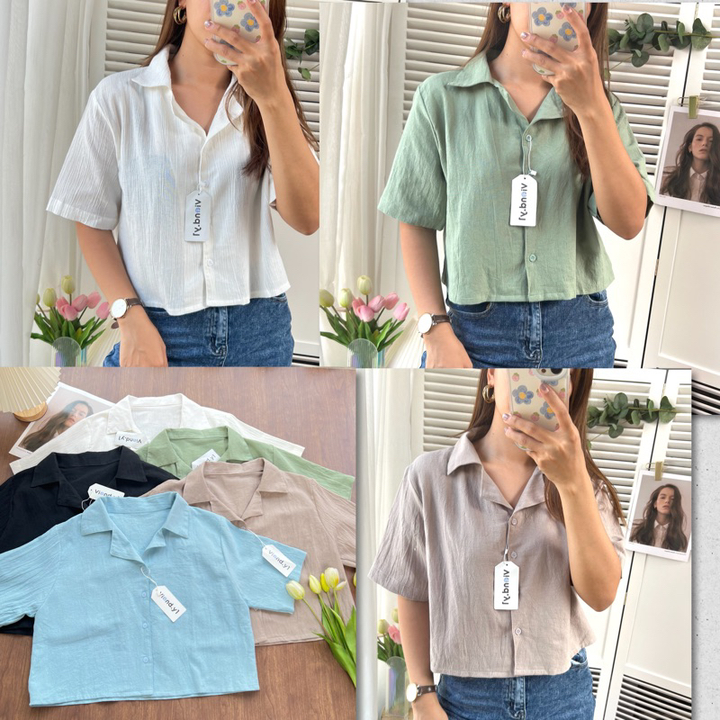 Blouse Polos Wanita Korea Terbaru / Atasan Cewek 142/crop Linen kemeja crop