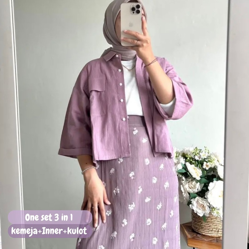 ONE SET 3 in 1 KEMEJA+INNER+ROK ( READY) / one set / One set wanita/ one set kekinian/ one set rok/ 