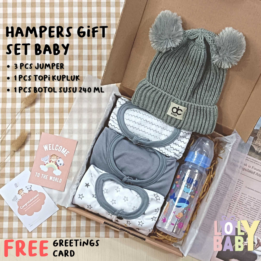 Hampers Baby Gift Set ( 22 cm ) 3 Pcs Jumper Bayi 1 Pcs Botol Susu 240 ML 1 Pcs Topi Kupluk Rajut LOLY BABY