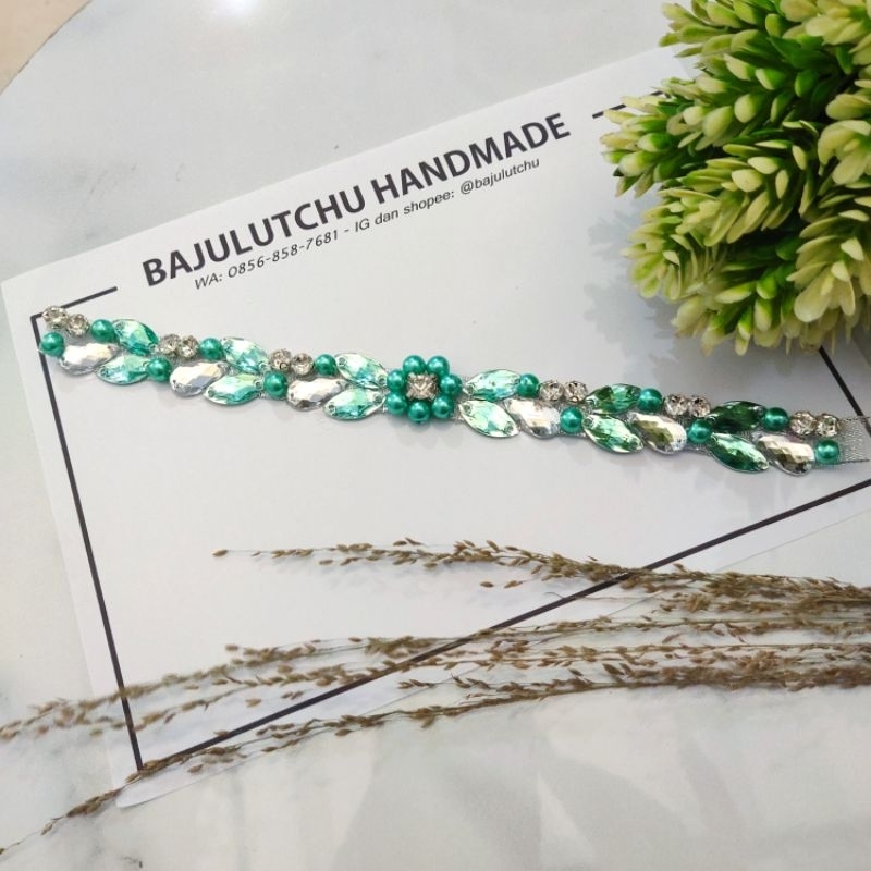 payet rangkai biru toska tosca turquoise salur pinggang bunga tengah