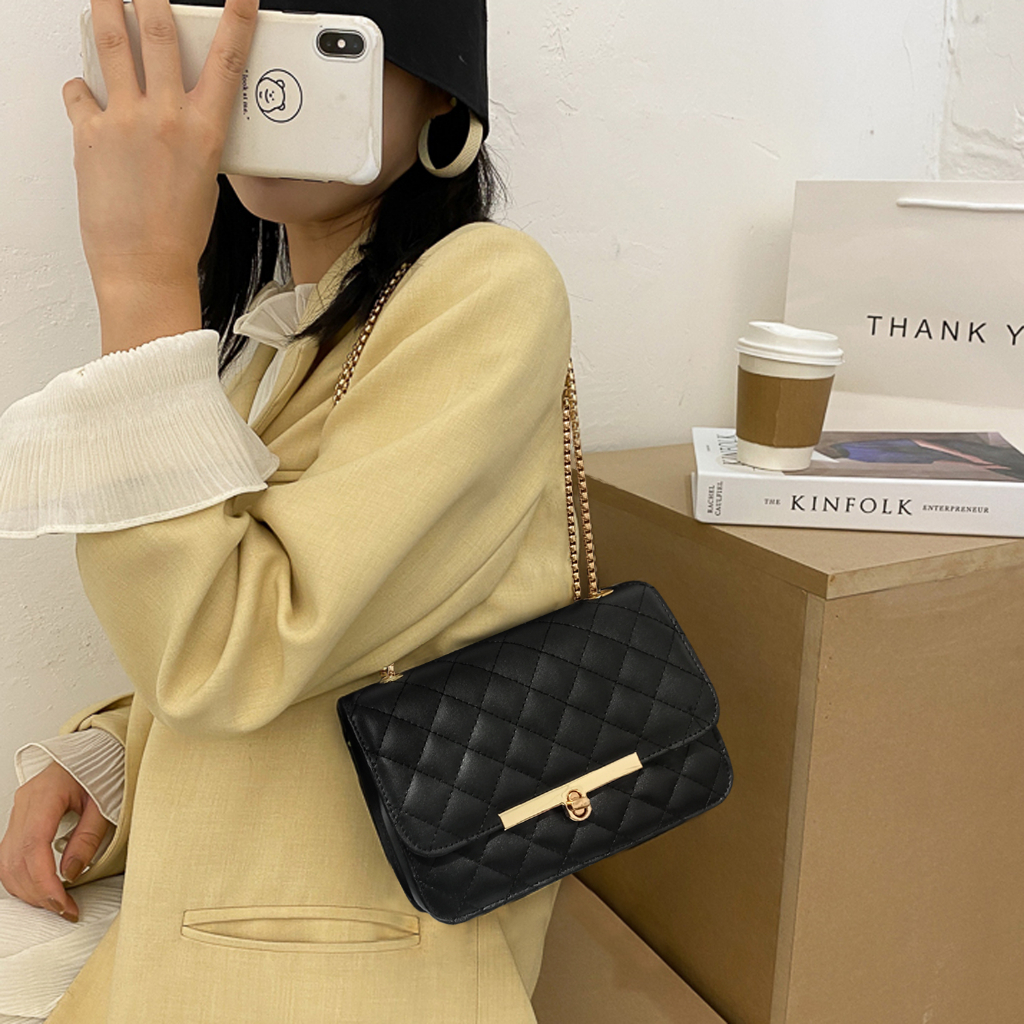 Tas selempang wanita tali rantai tas slempang dan bahu cewek shoulder bag polos slingbag strap rante remaja kulit sintetis