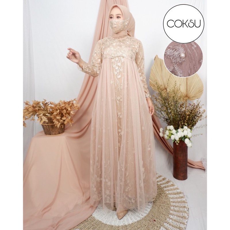 (NEW) ALYA Dress - Bisa COD Baju Gamis Dress Brukat Brokat Bordir Mutiara Tile Remaja Wanita Perempu