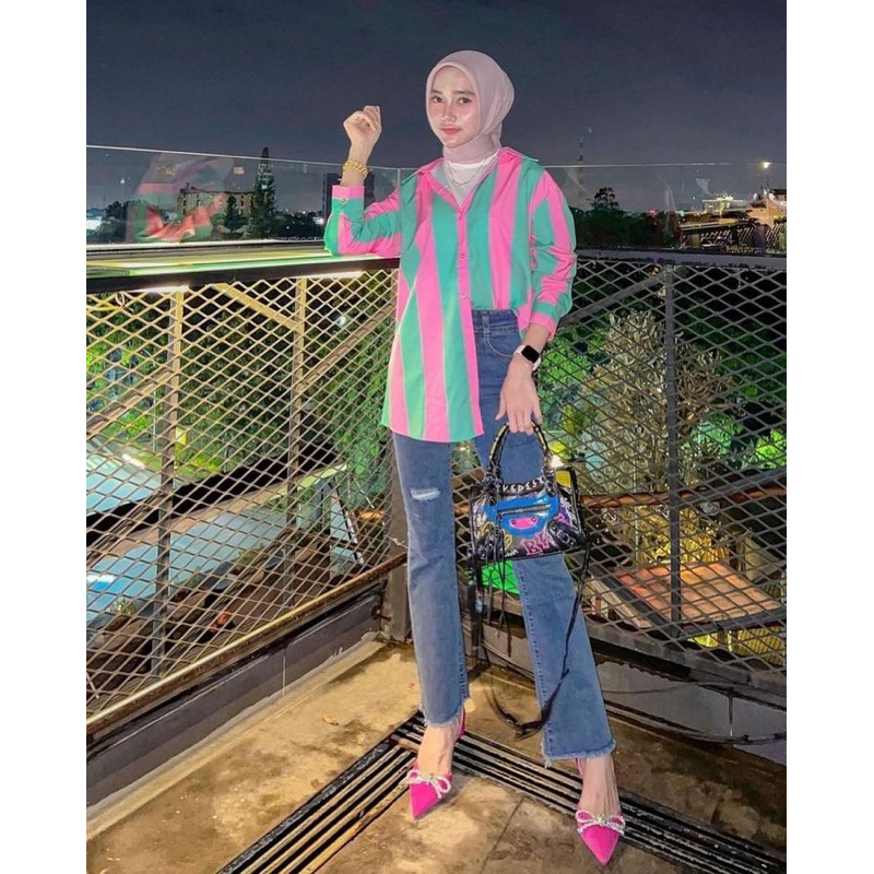 kemeja silk zara stripe