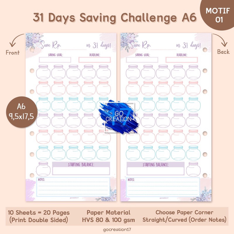 

KERTAS ISI BINDER A6 || Saving jar 31 DAYS Tabungan (Isi 5pcs)