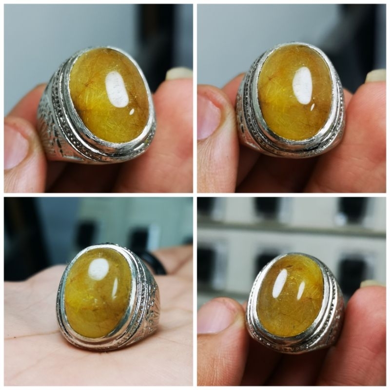 CINCIN BATU AKIK NATURAL CENDANA RAMBUT EMAS OVAL TOP SERAT