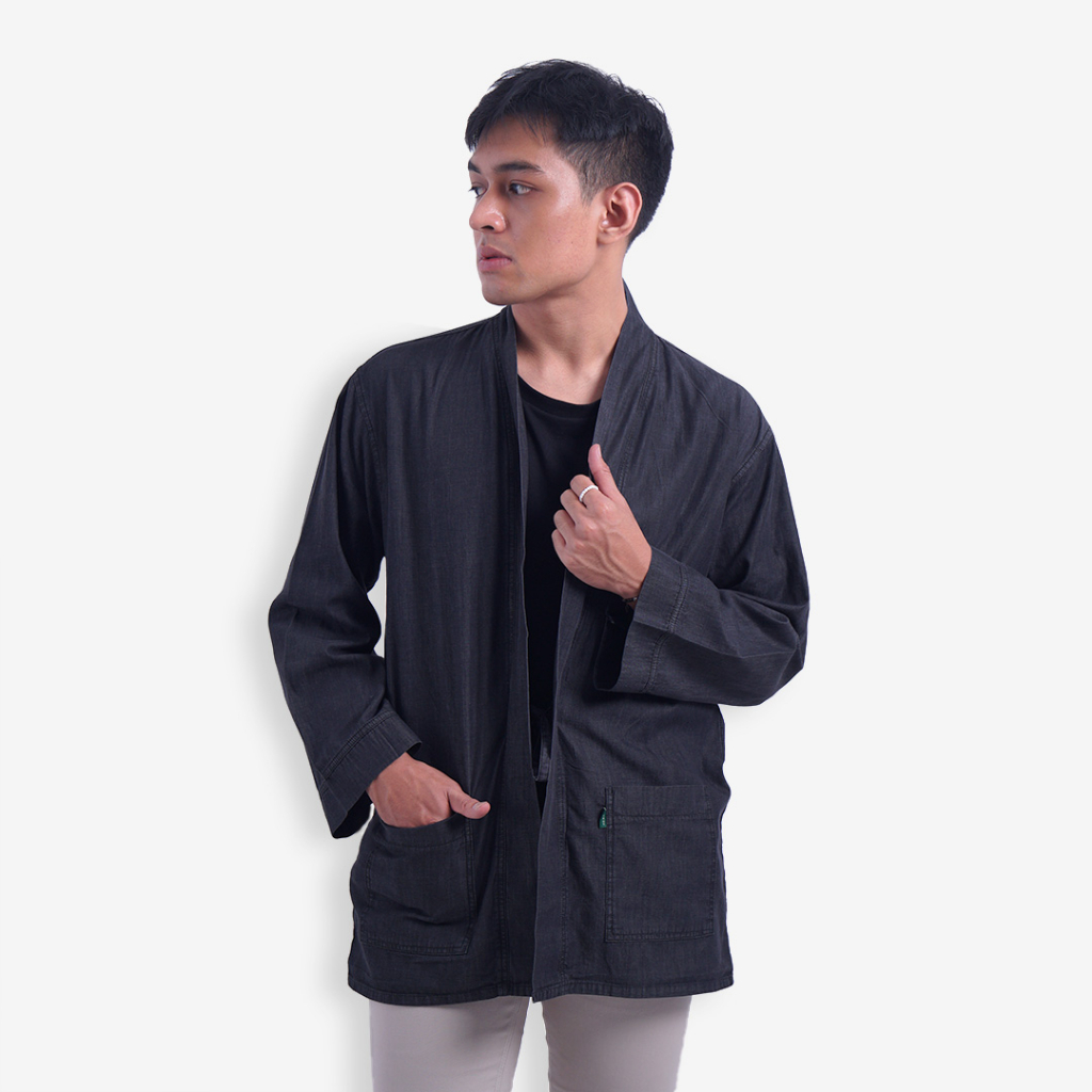 Baju Muslim Pria Outer Lengan Panjang - Kimono Outer Warna Black Denim Size S-XXL by Qudds Moslemwea