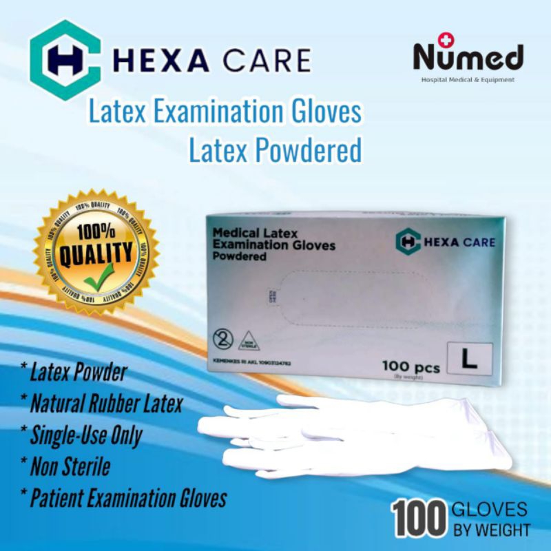 Sarung Tangan Karet Latex Medis Oroginal Hexa Care / Latex Powder Examination Gloves Hexa Care