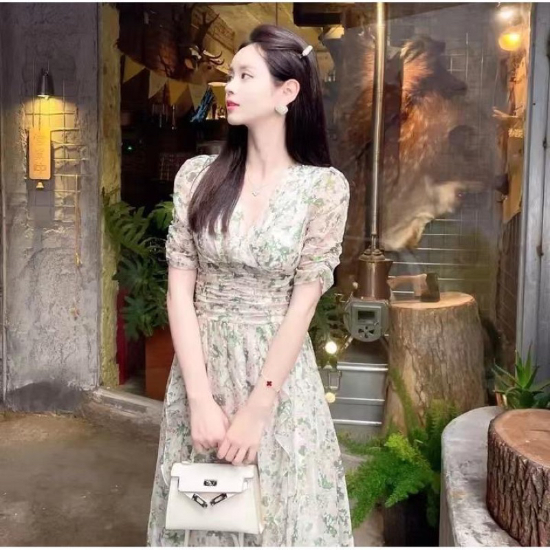 Dress Slim Waist Green Flower Dress M323