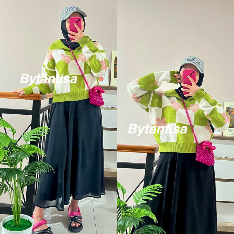 SWEATER RAJUT POLO PORARA TEBAL CROP MOTIG BUNGA KOTAK