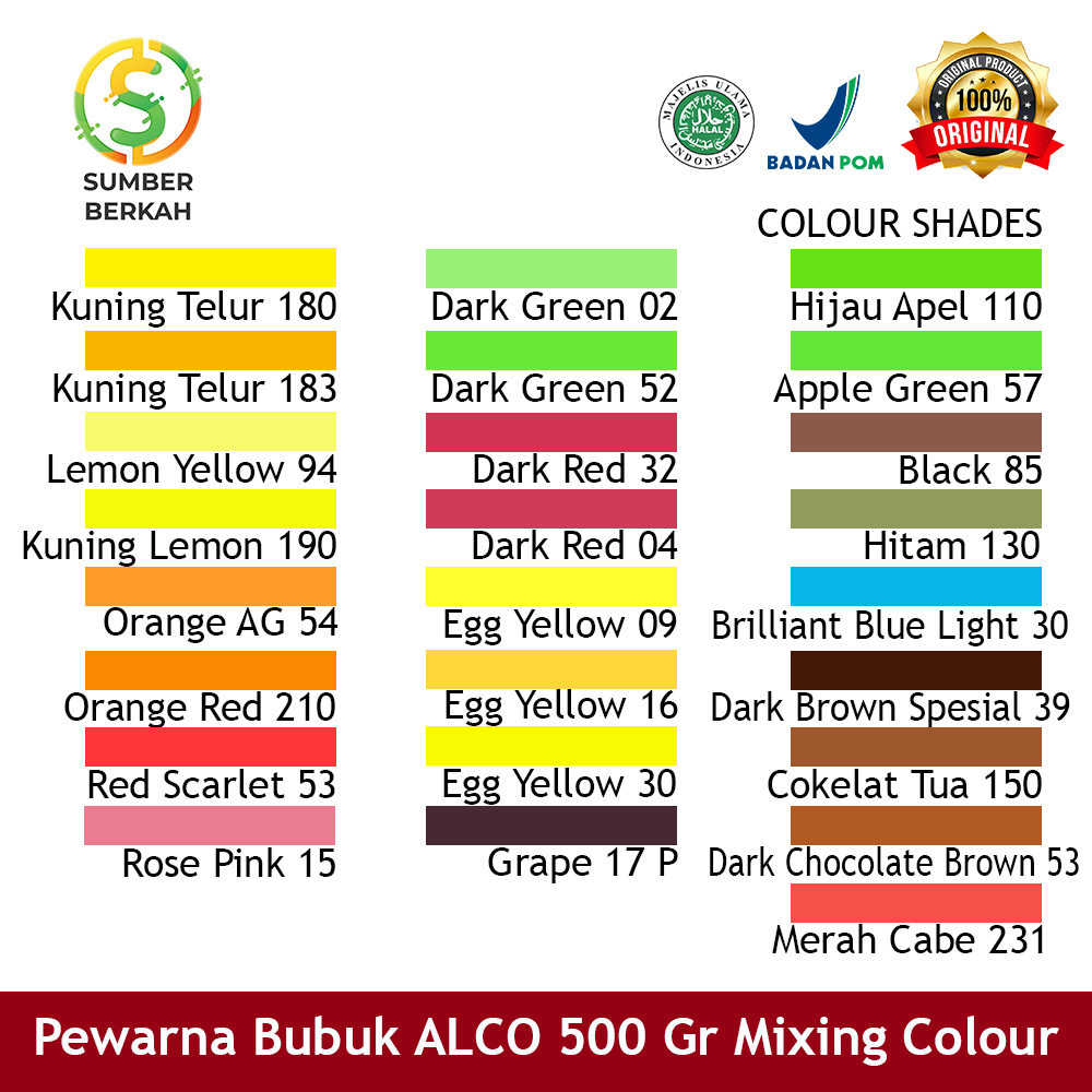 Pewarna Makanan Kue Bubuk ALCO 500 gr Mixing Colour Warna Merah Kuning Hijau Biru Oranye Biru Ungu Hitam Coklat