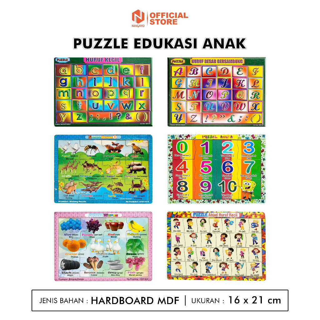 Puzzle Edukasi Anak Seri Bentuk / Hewan 1 / Huruf Kecil / Warna / Buah buahan / Huruf Besar Bersambu