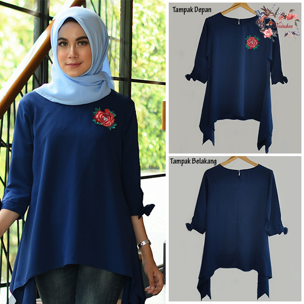 Atasan Wanita Model Panjang Samping Blouse Wollycrepe Polos Variasi Bordir Bunga Lengan 3/4 Pita Fit L