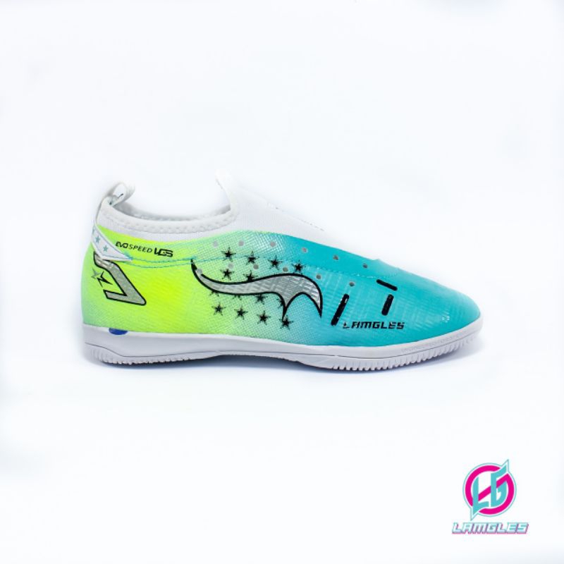 Lamgles - Sepatu Futsal Lamgles Star Anak Kecil Semi Boot Sol Rata Pelangi Biru Junior