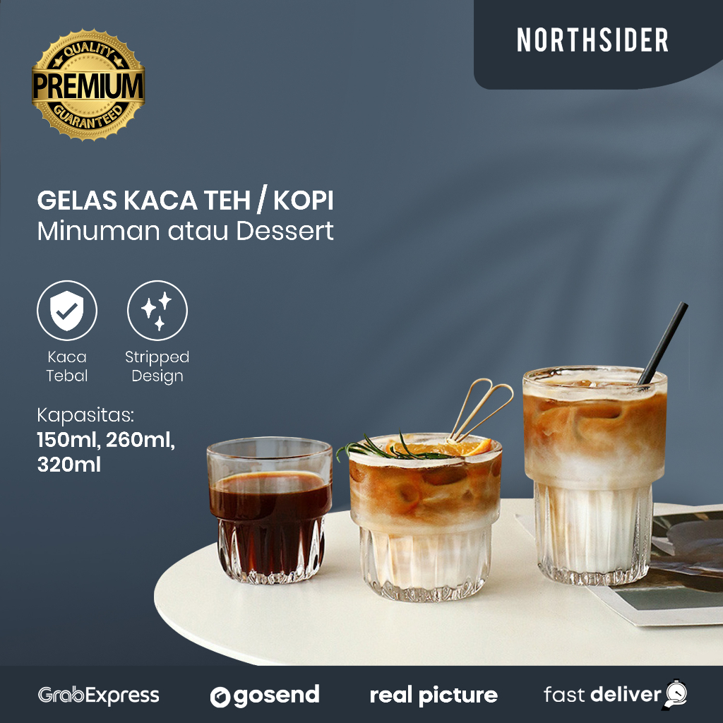 GELAS KACA KOPI TEH MINUMAN DESSERT TEBAL COFFEE STRIPPED GLASS