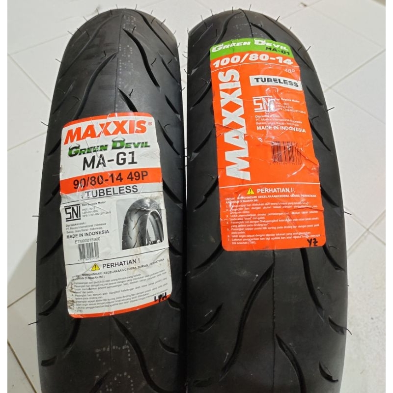 Paket Ban Maxxis 90 80 - 14 dan 100 80 - 14 Tubeless Green Devil MA G1 Ban Ring 14