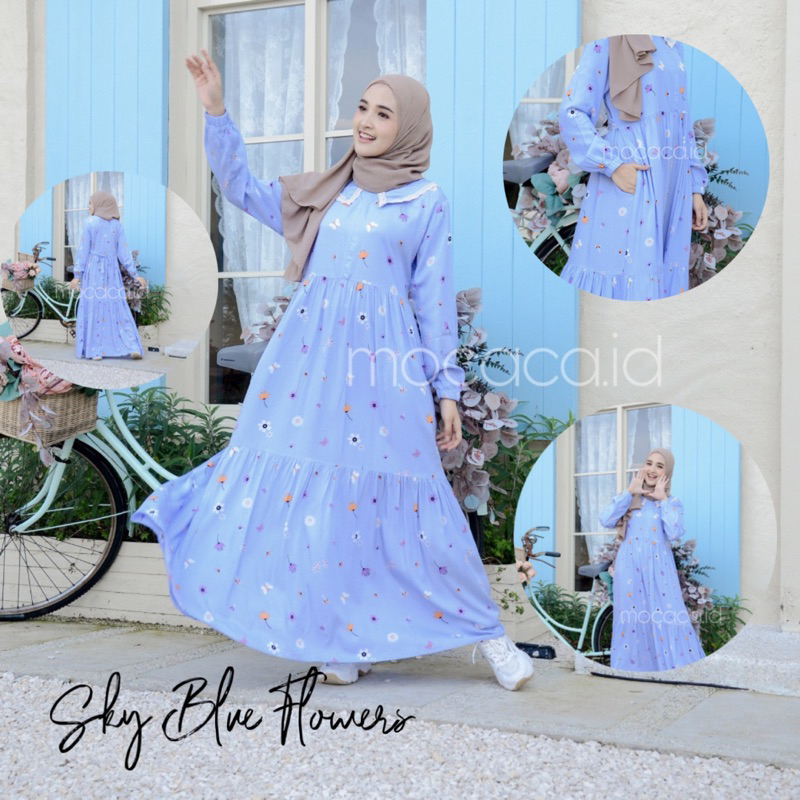 Gamis rumahan renda depan busui rayon premium - motif sky blue flowers