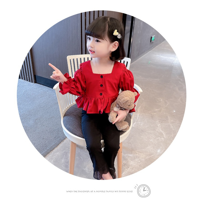 Setelan Set Anak Perempuan Merah Ruffle Korean Style + Celana