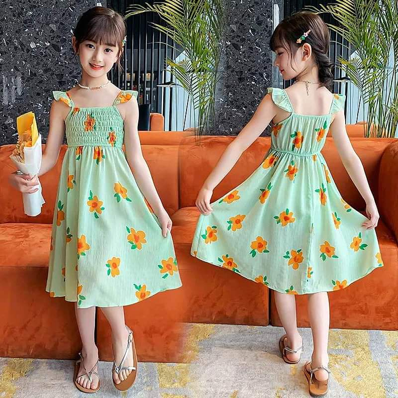 Dress Anak Gambar Bunga Warna Hijau Gaun anak Tanpa Lengan Green Santai