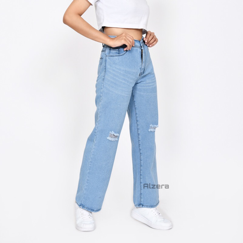 Alzera•Highwaist Kulot Ripped Jeans Model Loose ( Jenjang ) Kulot Sobek Wisker