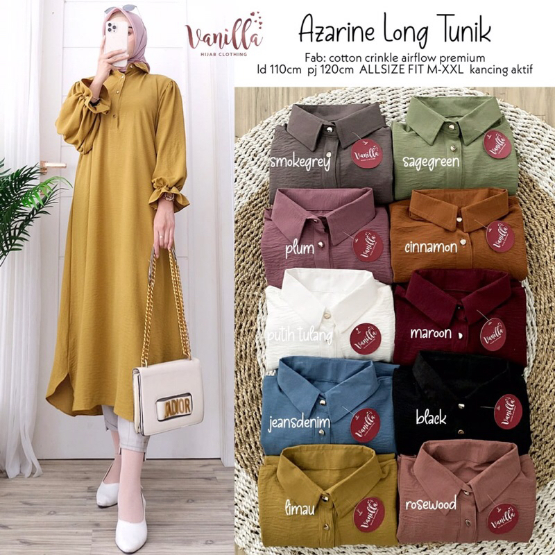 Azarine Long Tunik Vanilla Hijab Clothing Atasan Wanita Polos Crinkle Airflow [ READY COD ]