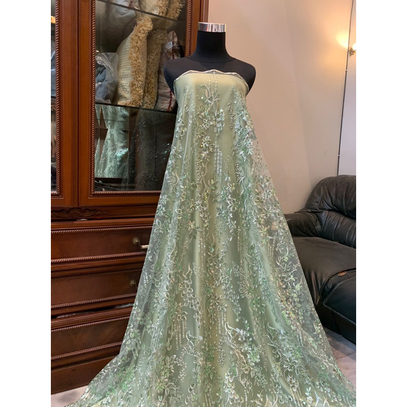 Kain Bahan Kebaya Brukat Tile Tulle Bordir Gracia Mewah Warna Sage Green Hijau