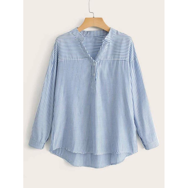 kemeja blouse korea, wanita gemes kemeja salur dan polosan