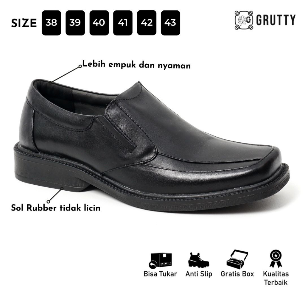 Sepatu Pria Formal Pantofel Kerja Kantor Kulit Asli Model Slip On Grutty DC013 Hitam