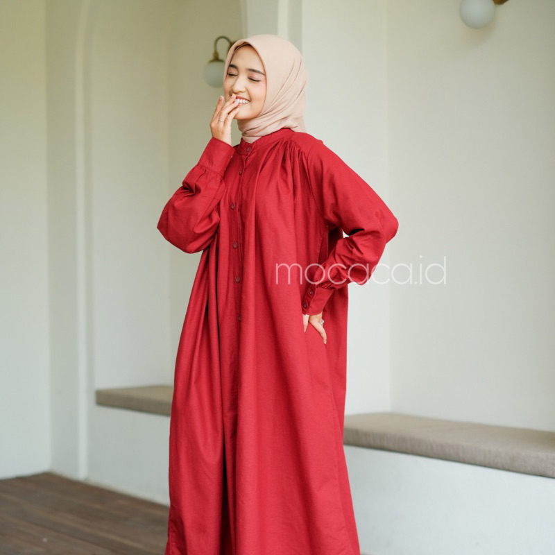 Dress gamis merah maroon Elegan Ootd Hijabers bahan katun linen rami lengan kancing casual klasik dovey