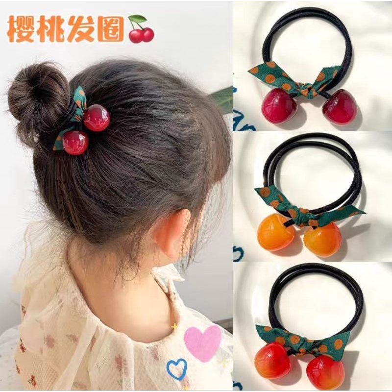 [4Pcs] Ikat Rambut Set Korea 4in1 Bentuk Cherry Gaya Retro / Kuncir Tali Rambut Karet Band Dasi Versi Korea Isi 4Pcs Aksesoris Rambut