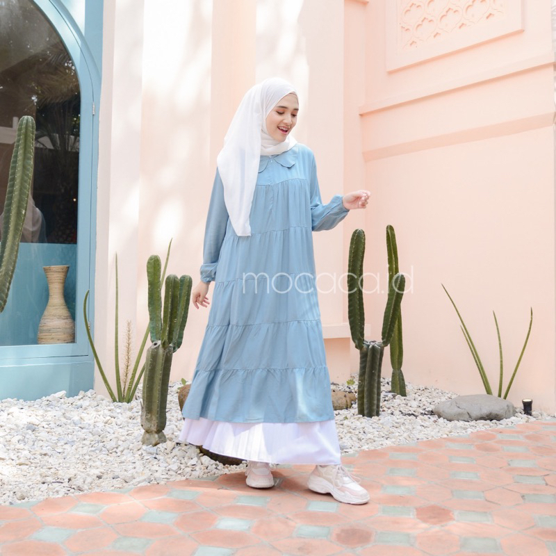 Midi Dress 5 Susun Busui Kerah Collar - Biru Dark Blue Sky