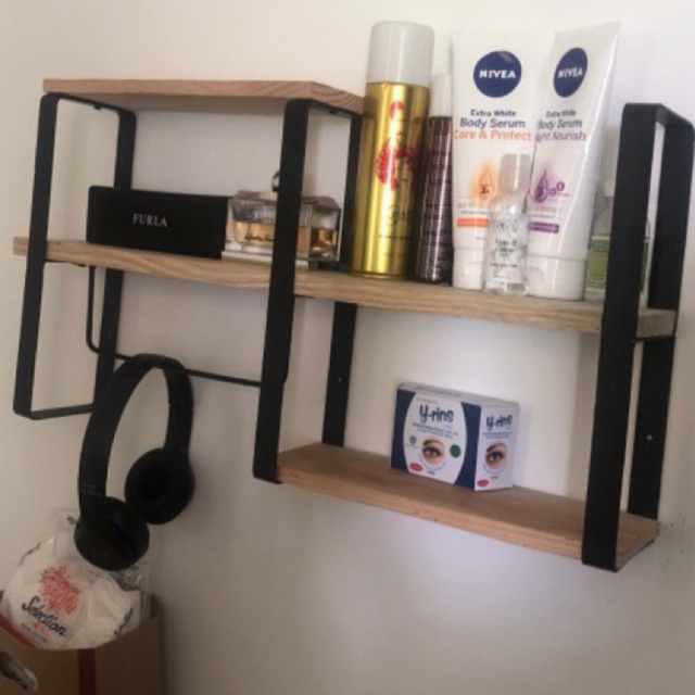 Rak Dinding Lebar 10cm /Rak Besi Ambalan Kayu /Rak Aesthetic /Rak Besi Murah