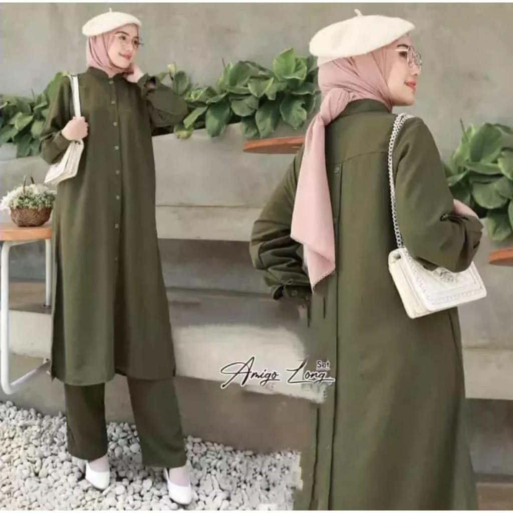 SETELAN CRINKLE AIRFLOW PREMIUM / SETELAN WANITA LONG TUNIK AKSEN KANCING DEPAN VARIASI BELAKANG (BANYAK SIZE M. L. XL. XXL)